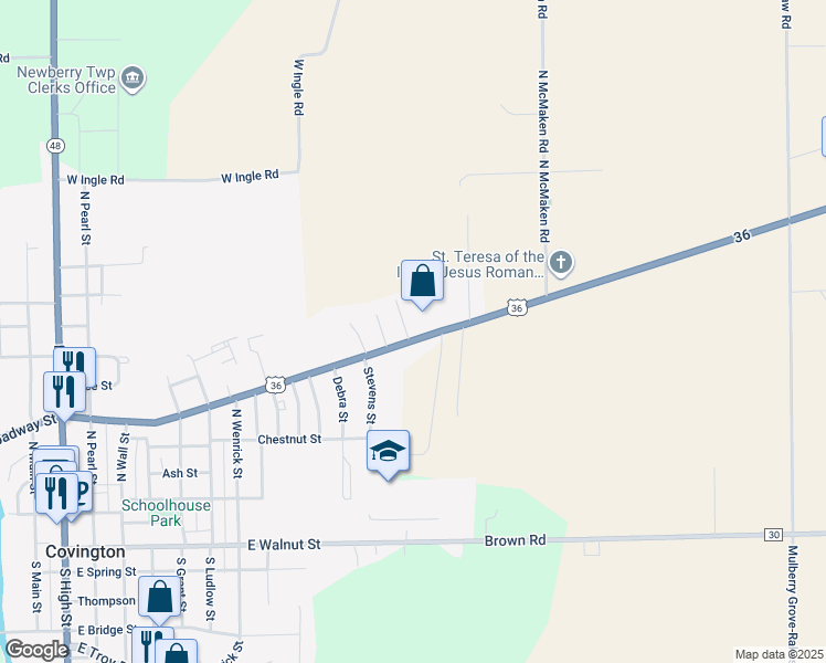 map of restaurants, bars, coffee shops, grocery stores, and more near 7250 U.S. 36 in Covington