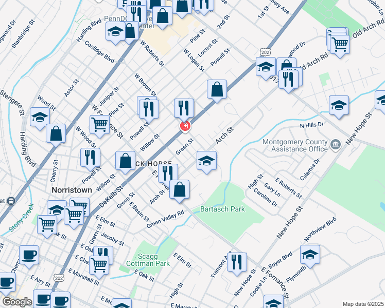 map of restaurants, bars, coffee shops, grocery stores, and more near 219 Summit Street in Norristown