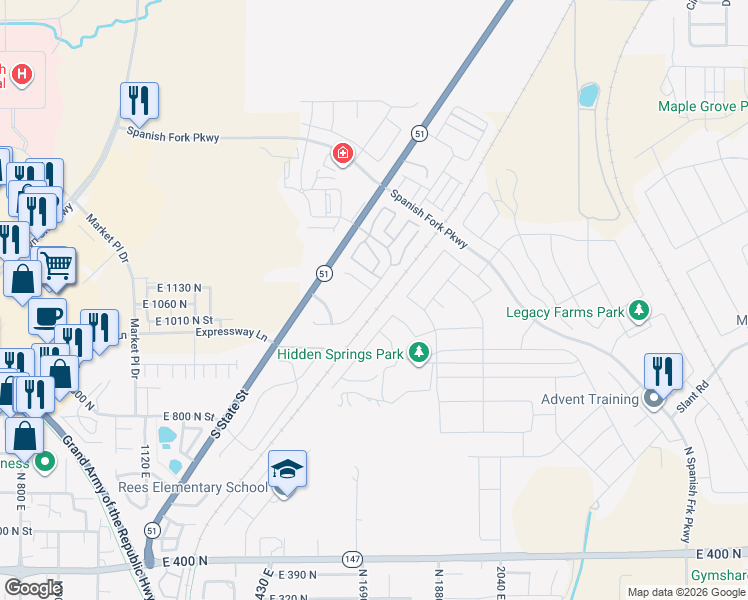 map of restaurants, bars, coffee shops, grocery stores, and more near 1682 East Ridgefield Road in Spanish Fork
