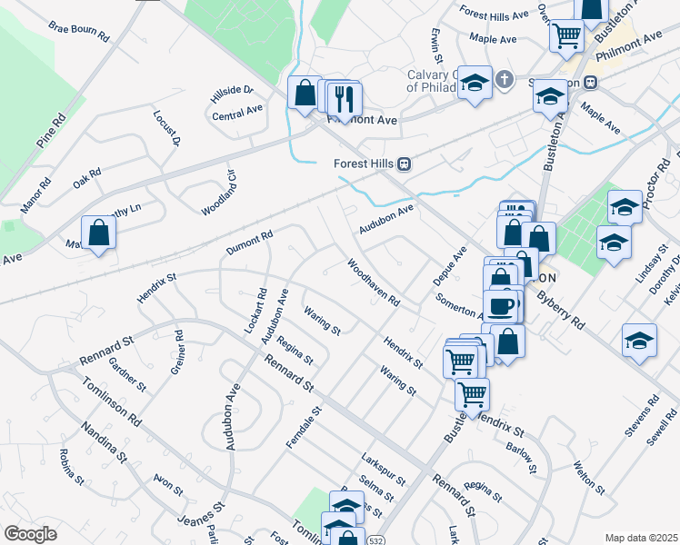 map of restaurants, bars, coffee shops, grocery stores, and more near 424 Woodhaven Place in Philadelphia