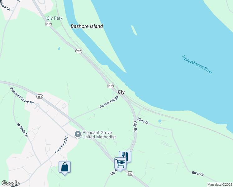 map of restaurants, bars, coffee shops, grocery stores, and more near 1195 Cly Road in York Haven