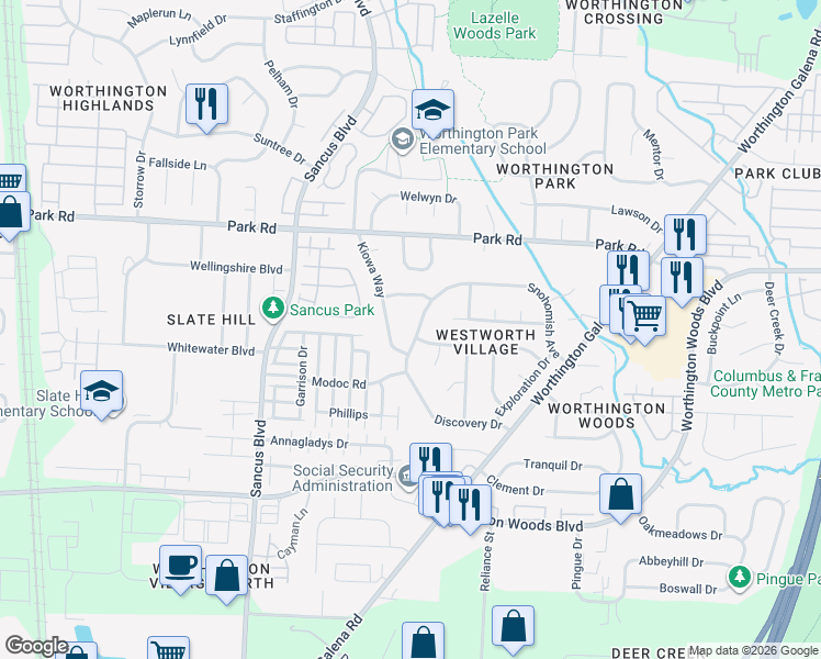 map of restaurants, bars, coffee shops, grocery stores, and more near 1007 Arapaho Avenue in Columbus