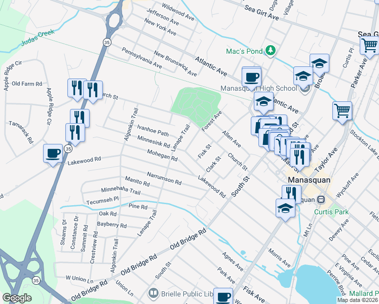 map of restaurants, bars, coffee shops, grocery stores, and more near 96 Mohegan Road in Manasquan