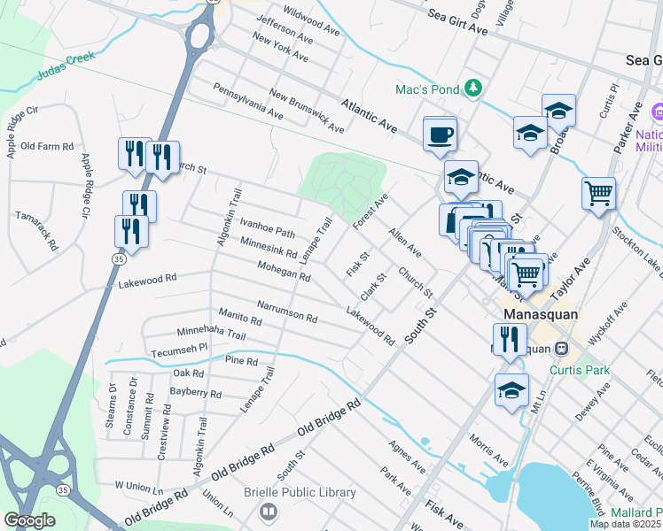 map of restaurants, bars, coffee shops, grocery stores, and more near 90 Minnesink Road in Manasquan