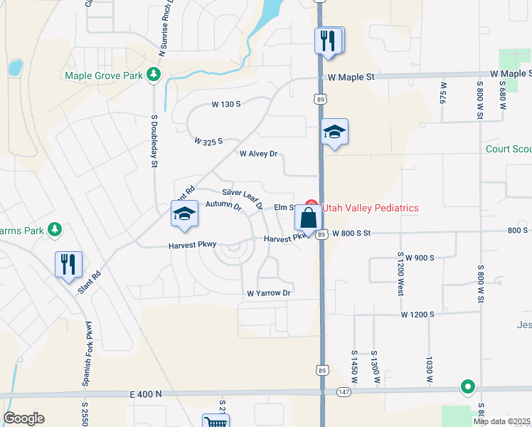 map of restaurants, bars, coffee shops, grocery stores, and more near 693 Silver Leaf Drive in Mapleton