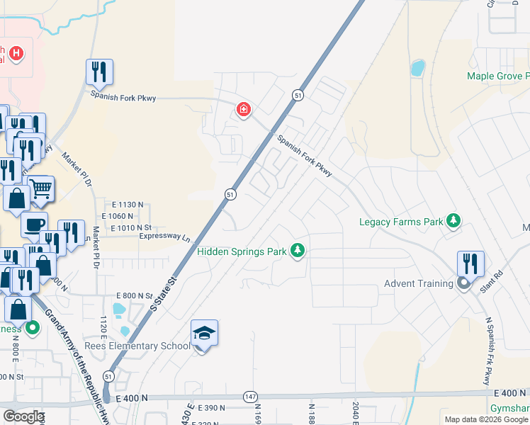map of restaurants, bars, coffee shops, grocery stores, and more near 1682 East Ridgefield Road in Spanish Fork