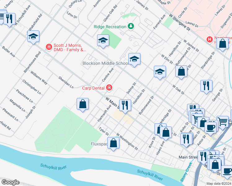 map of restaurants, bars, coffee shops, grocery stores, and more near 1317 West Airy Street in Norristown