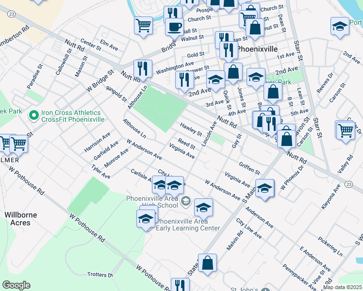 map of restaurants, bars, coffee shops, grocery stores, and more near 418 Virginia Avenue in Phoenixville