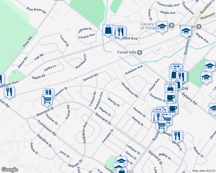 map of restaurants, bars, coffee shops, grocery stores, and more near 11985 Audubon Avenue in Philadelphia