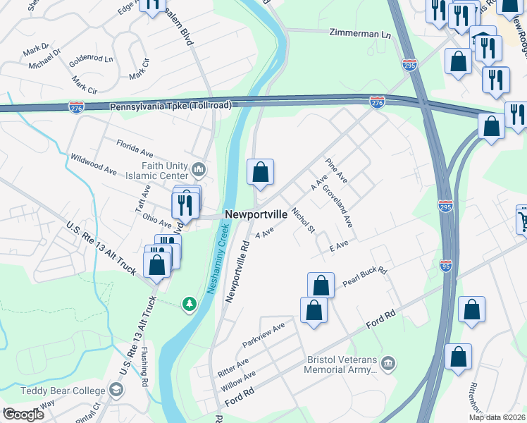 map of restaurants, bars, coffee shops, grocery stores, and more near in Newportville