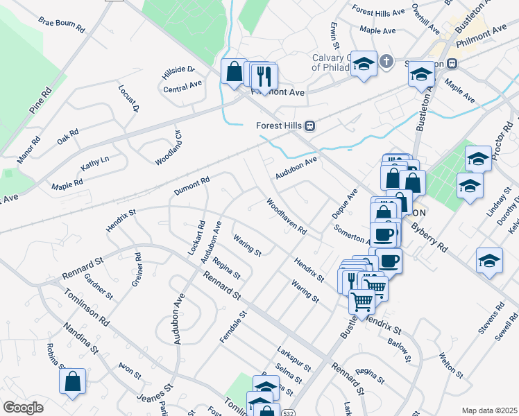 map of restaurants, bars, coffee shops, grocery stores, and more near 424 Woodhaven Place in Philadelphia
