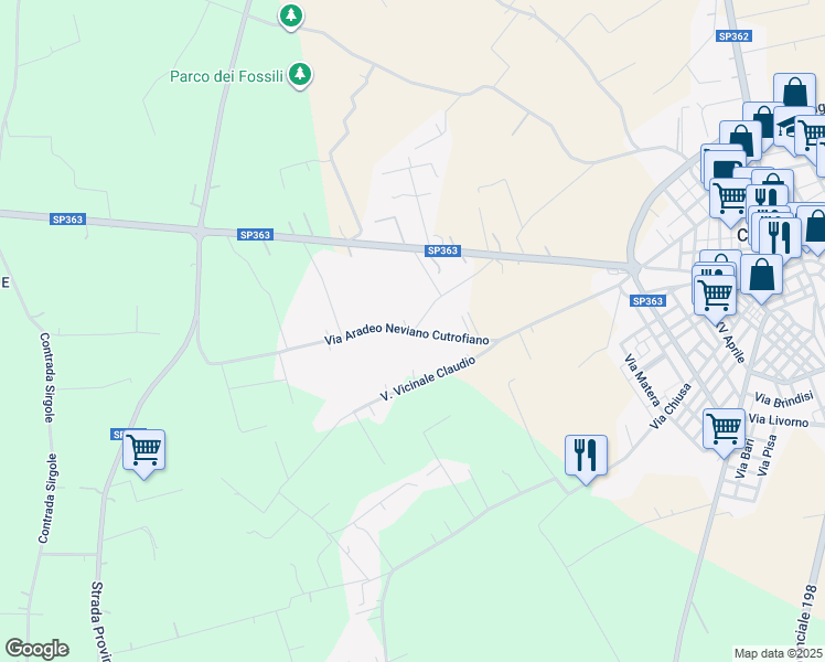 map of restaurants, bars, coffee shops, grocery stores, and more near 47 Via Aradeo Neviano Cutrofiano in Provincia di Lecce