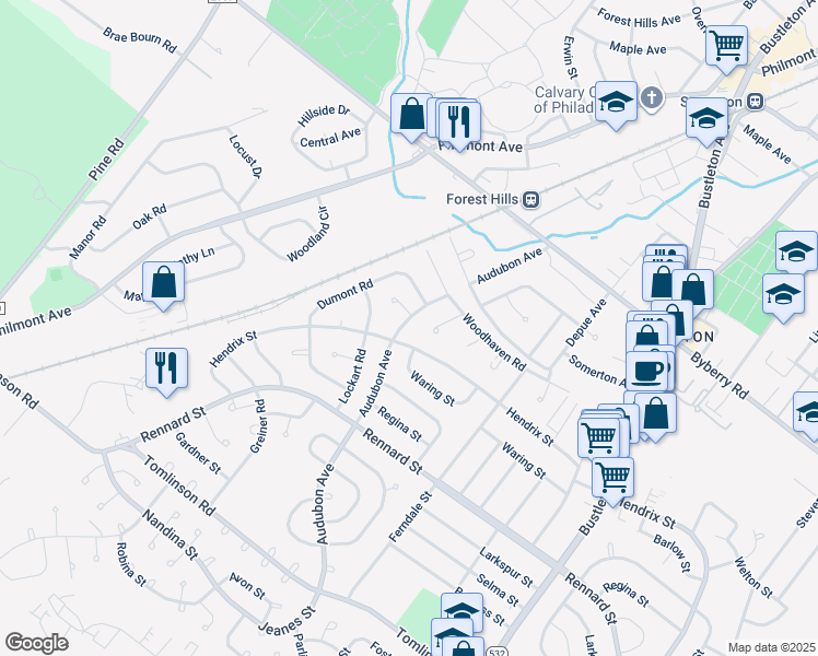map of restaurants, bars, coffee shops, grocery stores, and more near 11985 Audubon Avenue in Philadelphia