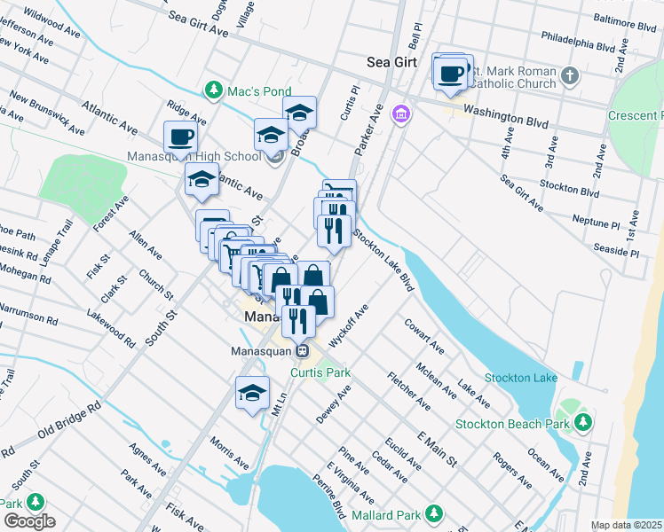 map of restaurants, bars, coffee shops, grocery stores, and more near 67 Colby Avenue in Manasquan