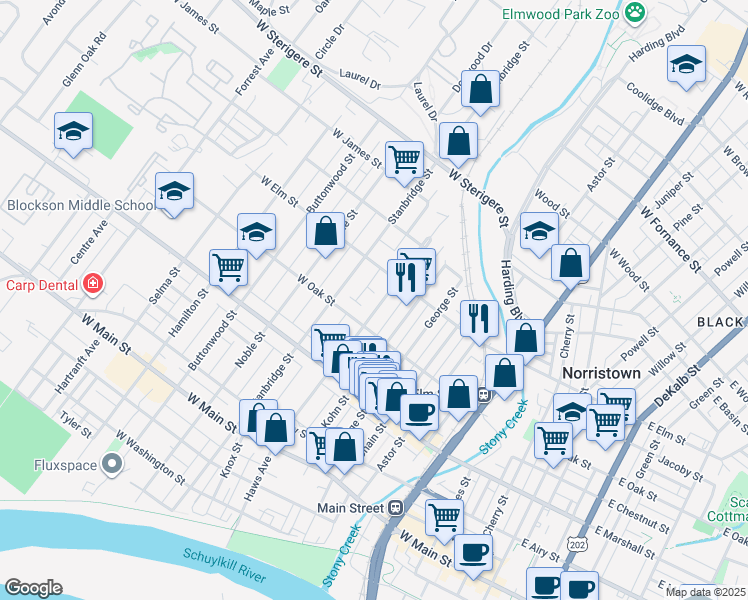 map of restaurants, bars, coffee shops, grocery stores, and more near 720 Haws Avenue in Norristown