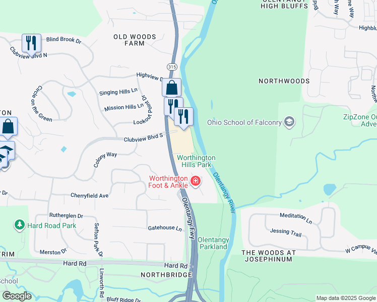 map of restaurants, bars, coffee shops, grocery stores, and more near 7750 Ohio 315 in Columbus