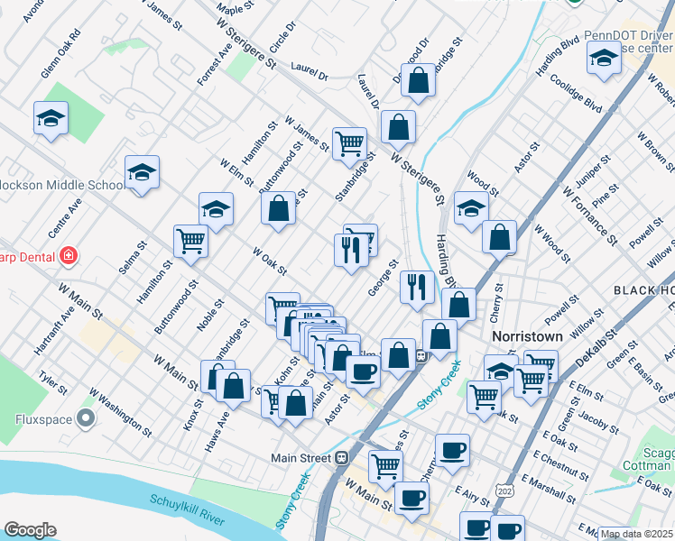 map of restaurants, bars, coffee shops, grocery stores, and more near 756 Haws Avenue in Norristown