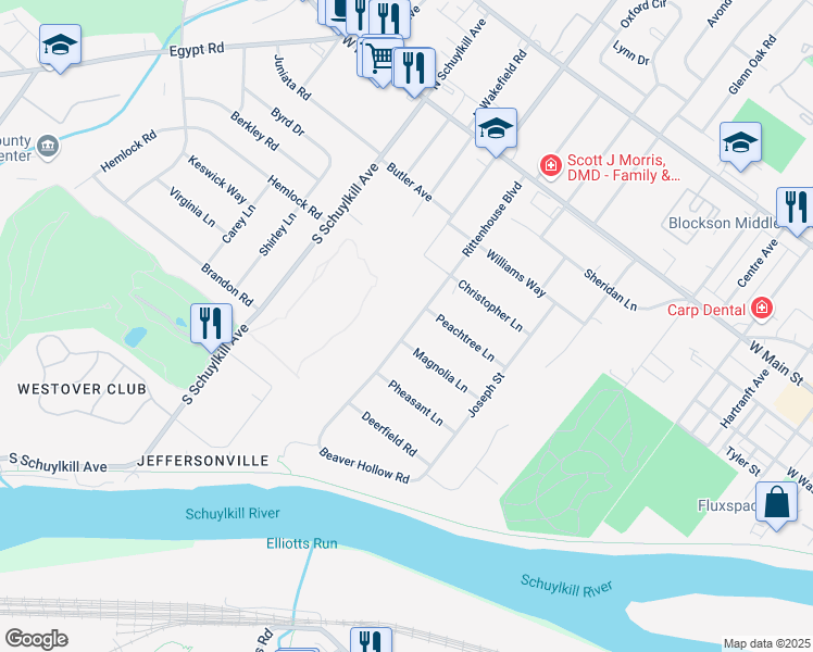 map of restaurants, bars, coffee shops, grocery stores, and more near 431 Rittenhouse Boulevard in Eagleville