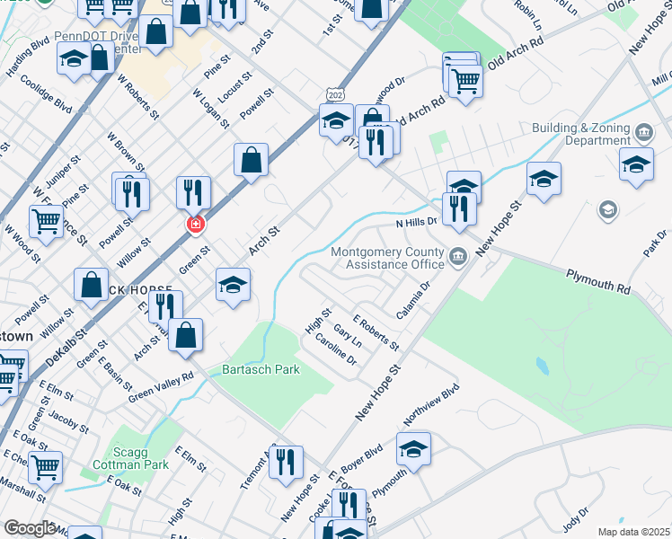 map of restaurants, bars, coffee shops, grocery stores, and more near 521 Glen Valley Drive in Norristown