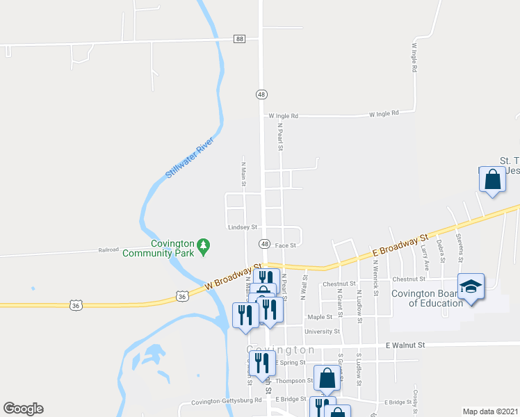 map of restaurants, bars, coffee shops, grocery stores, and more near 329 North High Street in Covington