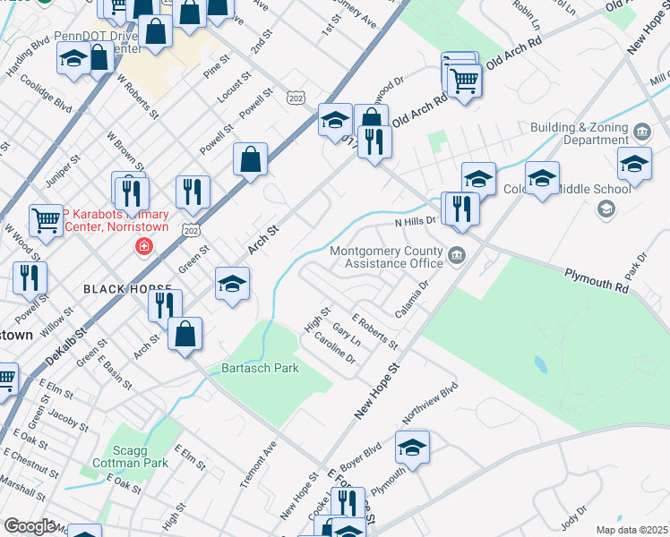 map of restaurants, bars, coffee shops, grocery stores, and more near 521 Glen Valley Drive in Norristown