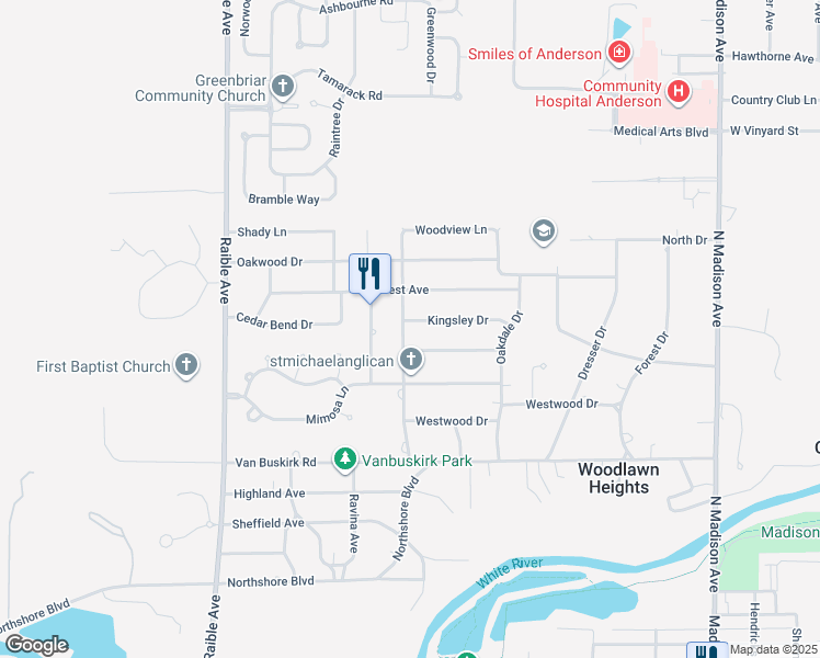 map of restaurants, bars, coffee shops, grocery stores, and more near 914 Northwood Drive in Anderson