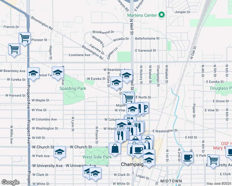 map of restaurants, bars, coffee shops, grocery stores, and more near 815 North Randolph Street in Champaign