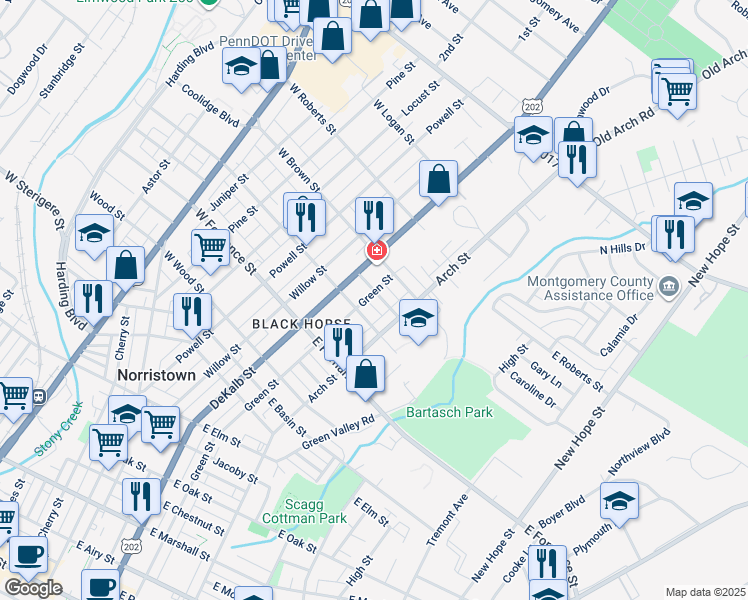map of restaurants, bars, coffee shops, grocery stores, and more near 204 Summit Street in Norristown