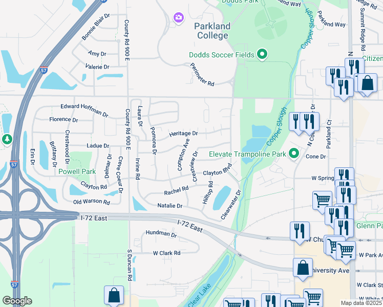 map of restaurants, bars, coffee shops, grocery stores, and more near 2615 Covington Drive in Champaign