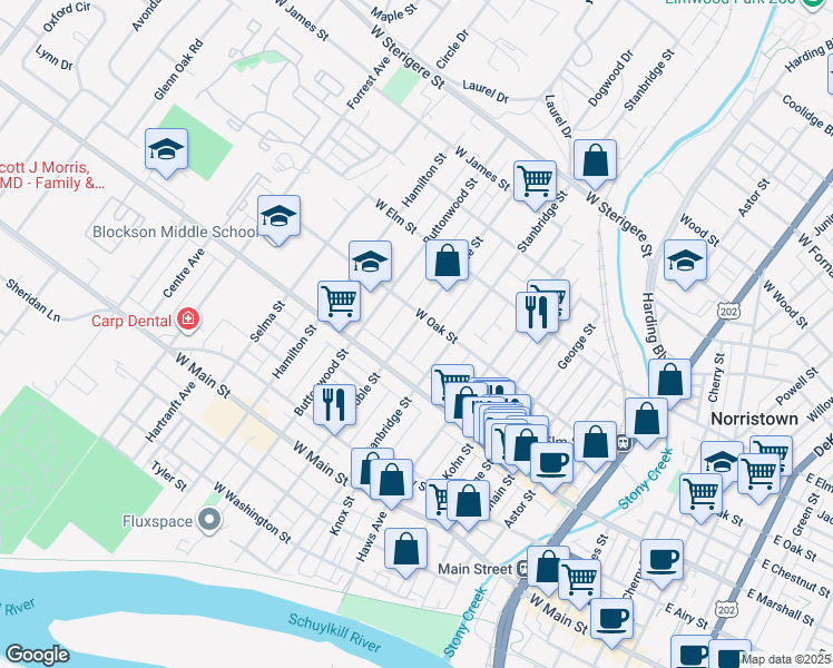 map of restaurants, bars, coffee shops, grocery stores, and more near 626 Noble Street in Norristown