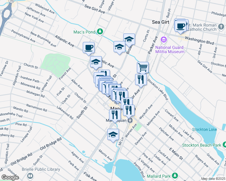 map of restaurants, bars, coffee shops, grocery stores, and more near 126 Main Street in Manasquan