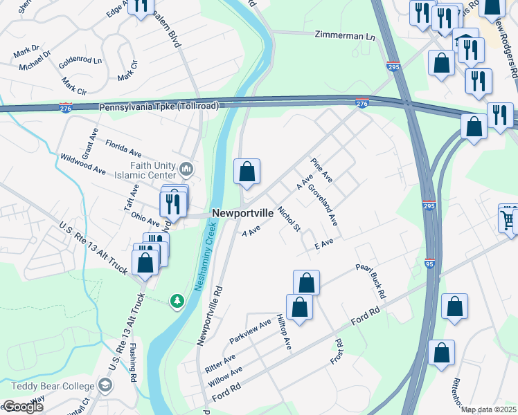 map of restaurants, bars, coffee shops, grocery stores, and more near in Newportville