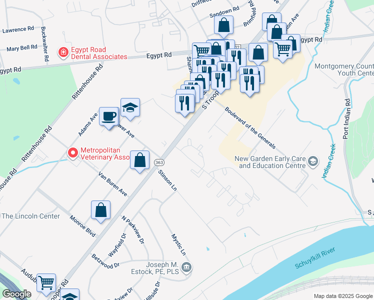 map of restaurants, bars, coffee shops, grocery stores, and more near 118 William Penn Drive in Norristown