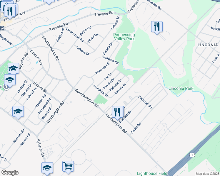 map of restaurants, bars, coffee shops, grocery stores, and more near 15116 Kallaste Drive in Philadelphia