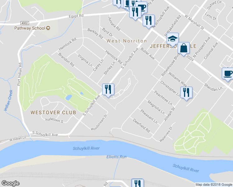 map of restaurants, bars, coffee shops, grocery stores, and more near 145 Brandon Road in Norristown