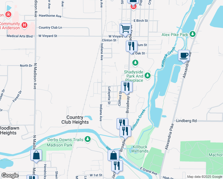 map of restaurants, bars, coffee shops, grocery stores, and more near 835 Silver Street in Anderson