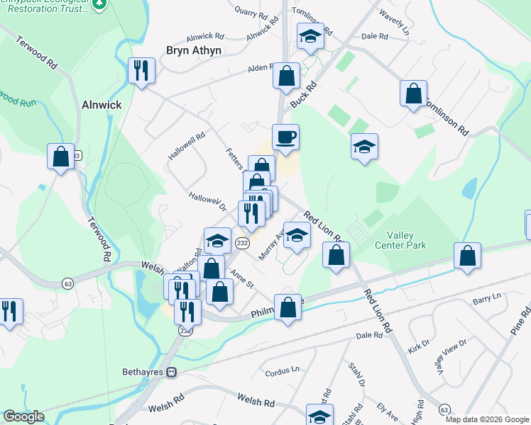 map of restaurants, bars, coffee shops, grocery stores, and more near 2531 Huntingdon Pike in Montgomery County