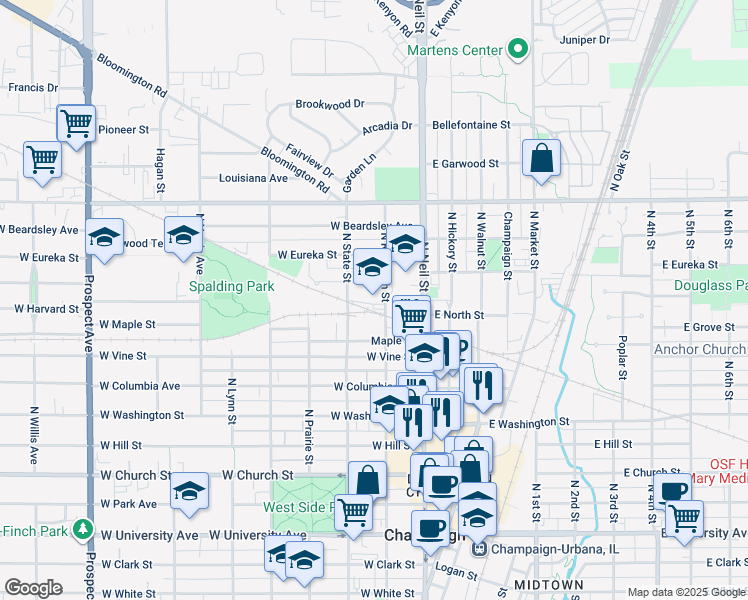 map of restaurants, bars, coffee shops, grocery stores, and more near 815 North Randolph Street in Champaign