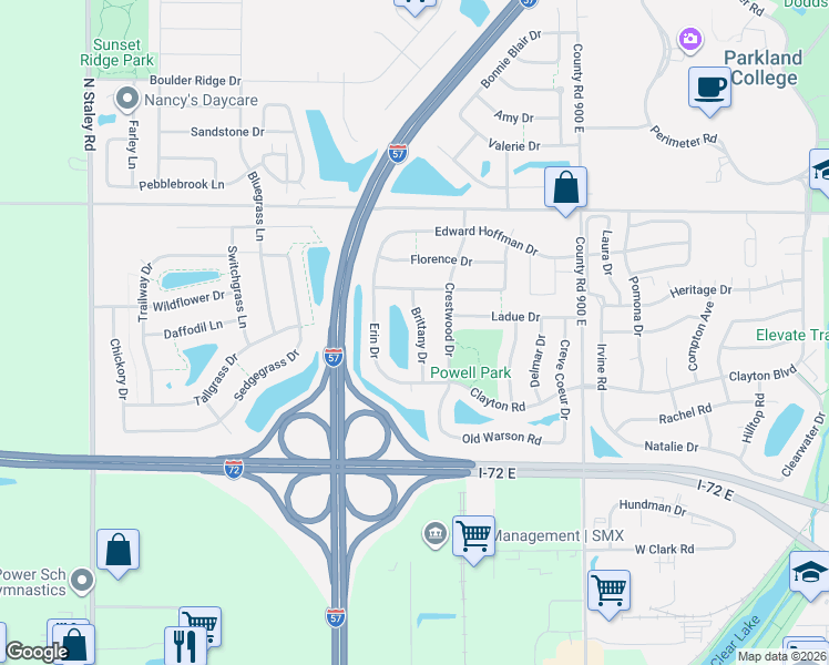 map of restaurants, bars, coffee shops, grocery stores, and more near 611 Brittany Drive in Champaign