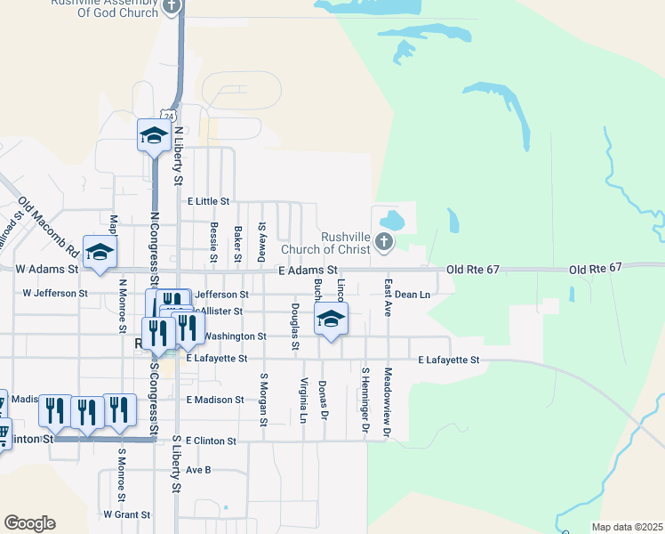 map of restaurants, bars, coffee shops, grocery stores, and more near 502 East Adams Street in Rushville
