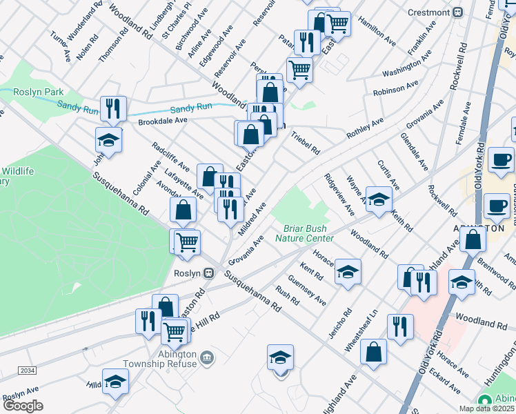 map of restaurants, bars, coffee shops, grocery stores, and more near 1208 Mildred Avenue in Abington