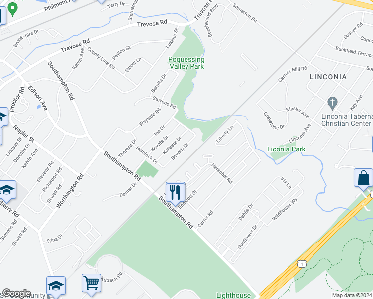 map of restaurants, bars, coffee shops, grocery stores, and more near 15151 Beverly Drive in Philadelphia