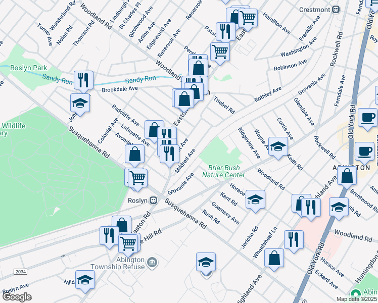 map of restaurants, bars, coffee shops, grocery stores, and more near 1208 Mildred Avenue in Abington