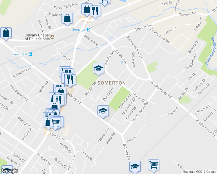 map of restaurants, bars, coffee shops, grocery stores, and more near 13061 Lindsay Street in Philadelphia