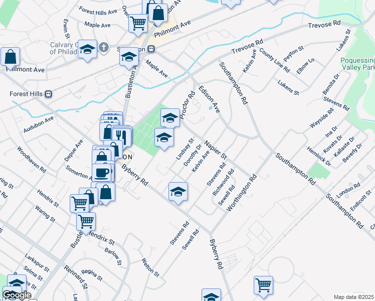 map of restaurants, bars, coffee shops, grocery stores, and more near 13061 Lindsay Street in Philadelphia