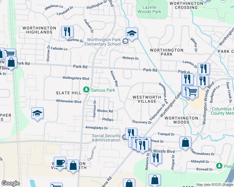 map of restaurants, bars, coffee shops, grocery stores, and more near 7739 Kiowa Way in Columbus