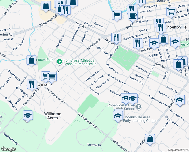 map of restaurants, bars, coffee shops, grocery stores, and more near 533 Columbia Avenue in Phoenixville