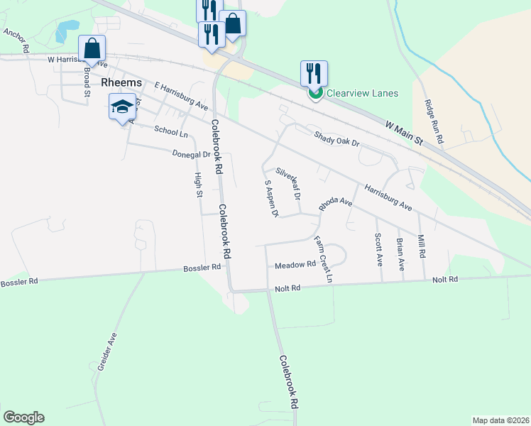 map of restaurants, bars, coffee shops, grocery stores, and more near 130 South Aspen Drive in Mount Joy