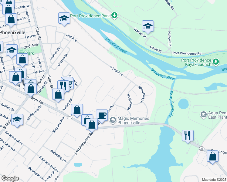 map of restaurants, bars, coffee shops, grocery stores, and more near 125 Rossiter Avenue in Phoenixville