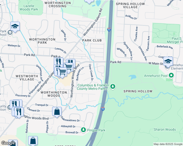 map of restaurants, bars, coffee shops, grocery stores, and more near Deercreek Drive in Columbus